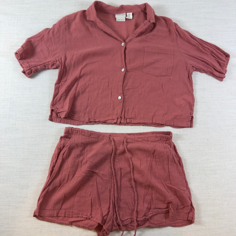 Rachel Zoe Cotton Gauze 2 Piece Set Rose Pink Button Down Top & Shorts Medium